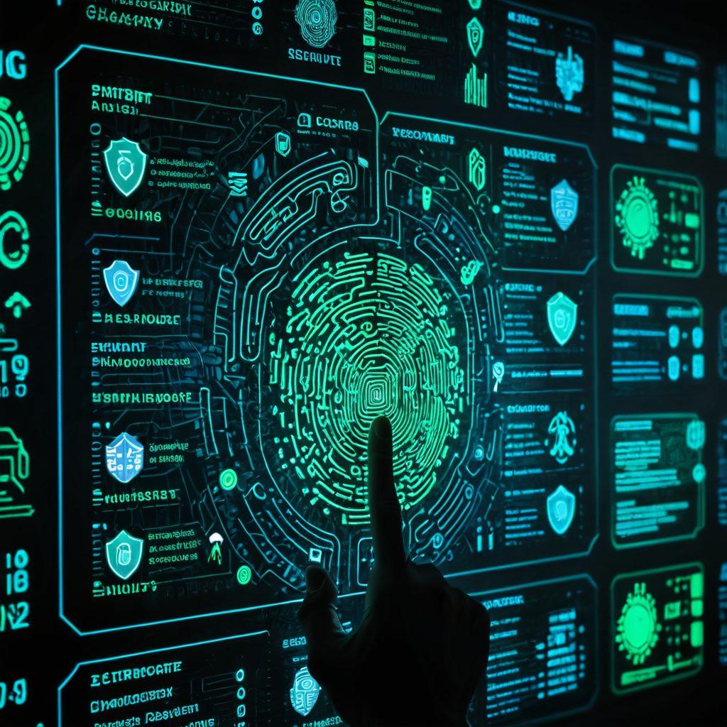 A futuristic digital scan of a website overlaid with intricate thumbnails and thumbprint icons, highlighting data safety and analysis. The background features a cyber-grid and secure locks, emphasizing protection. The image should have a glossy, tech-savvy aesthetic with cool blue and green tones. cyberpunk. vibrant colors. white background.