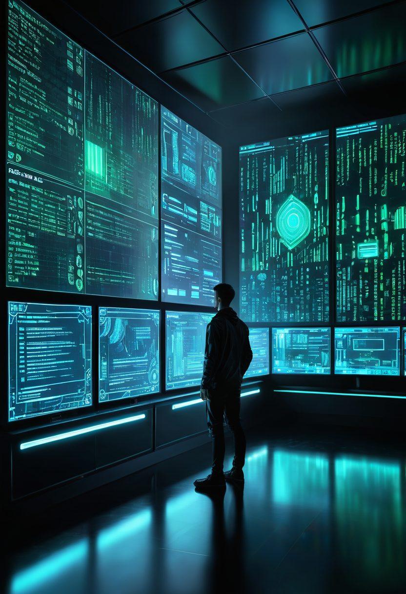 An image showcasing a futuristic computer interface with holographic screens displaying web pages and thumbnails being scanned by laser grids. Include cyber shields and binary codes flowing in the background to emphasize digital protection. The color palette should feature deep blues and glowing neon greens. cyberpunk. vibrant colors. reflecting glass surfaces.