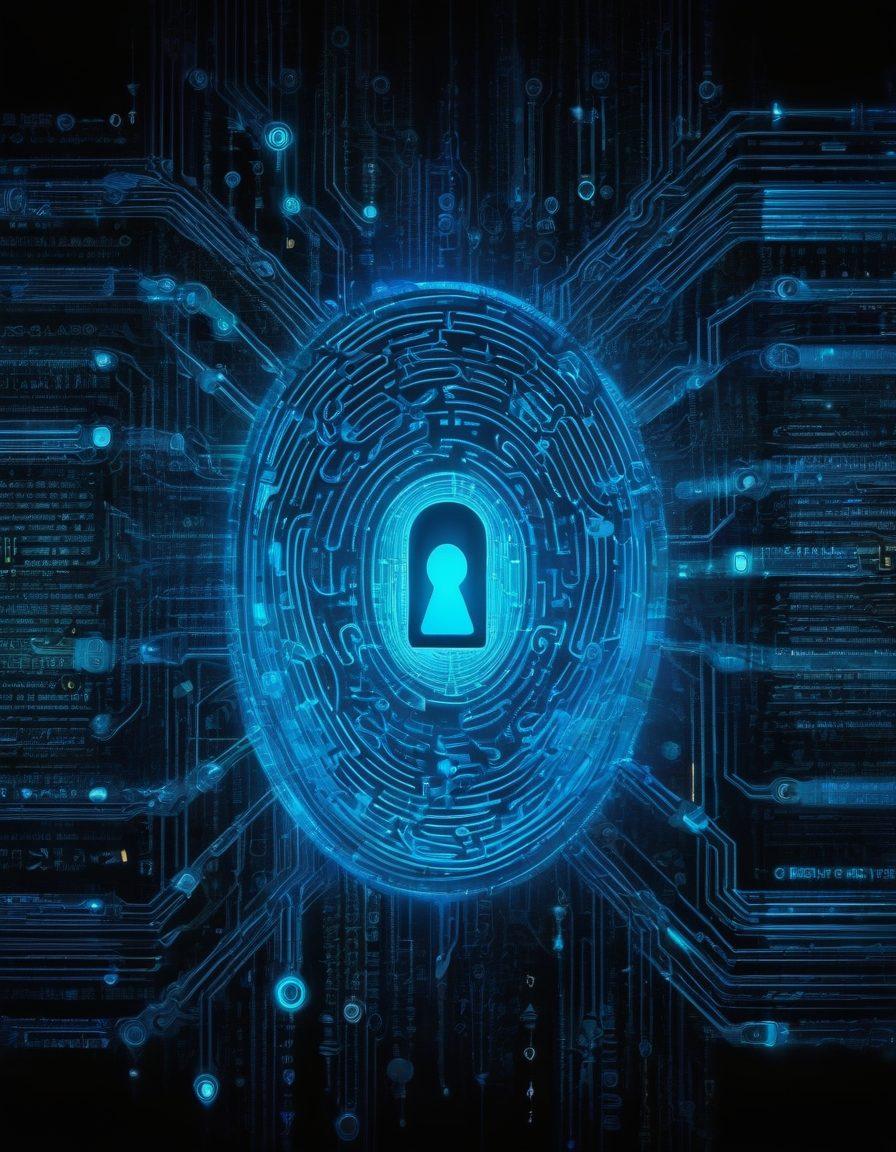 A futuristic digital thumbprint glowing in neon blue, surrounded by intricate cyber security patterns and binary code streams. In the background, a web of interconnected locks and shields symbolizing web security. steampunk. vibrant colors. dark background.